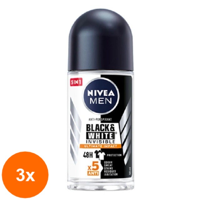 Set Deodorant Roll-On Men Invisible Black & White Ultimate Impact Nivea Deo 3 Bucati x 50ml