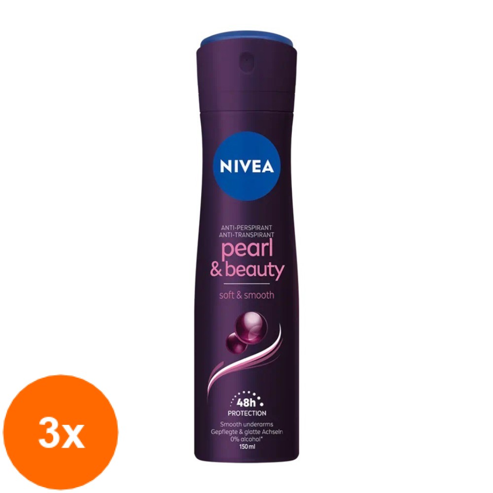 Set 3 x Deodorant Antiperspirant Spray Nivea Pearl Beauty Soft Smooth, pentru Femei, 150 ml
