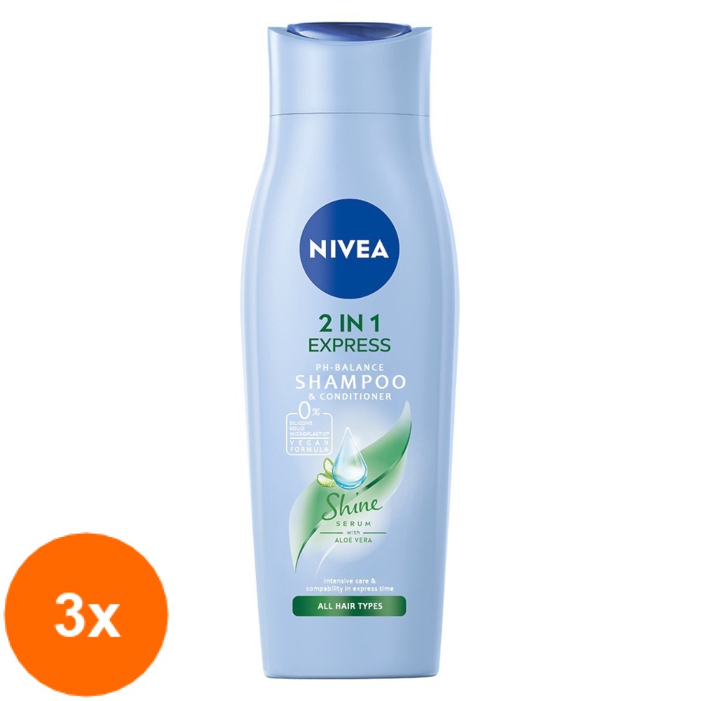 Set Sampon Nivea 2-in1 Hair Care Express, pentru Toate Tipurile de Par, 3 Bucati x 250 ml