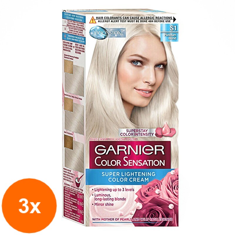 Set Vopsea de Par Permanenta cu Amoniac Garnier Color Sensation S1 Platinum Blond, 3 Cutii x 110 ml