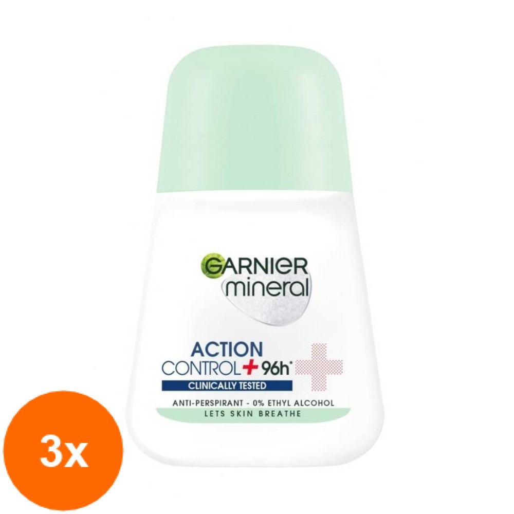 Set Deodorant Roll-on Garnier Mineral Action Control+ 96h Testat Clinic, 3 Bucati x 50 ml