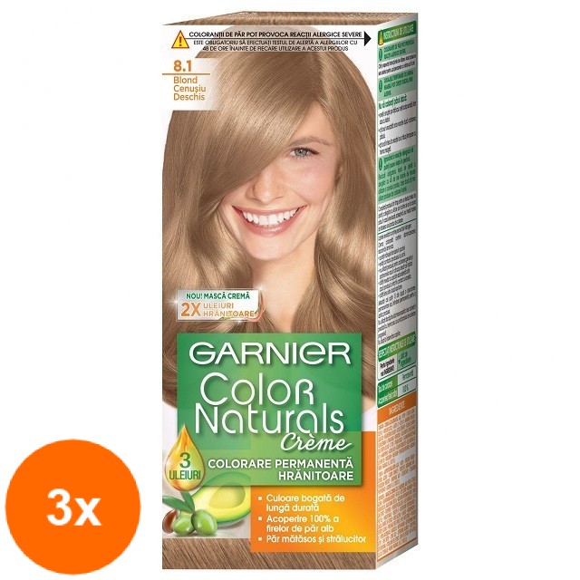 Set Vopsea de Par Permanenta cu Amoniac Garnier Color Naturals 8.1 Blond Cenusiu Deschis, 3 Cutii x 110 ml