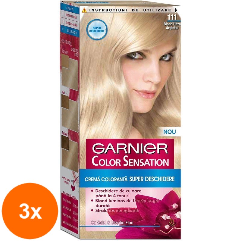 Set Vopsea de Par Permanenta cu Amoniac Garnier Color Sensation 111 Blond Ultra Argintiu, 3 Cutii x 110 ml