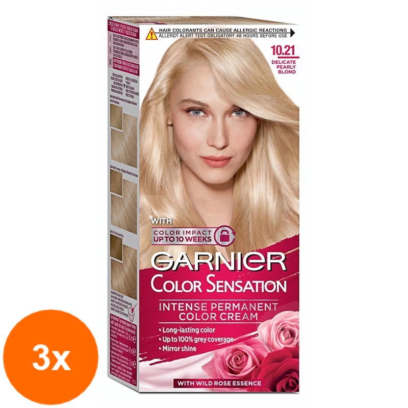 Set Vopsea de Par Permanenta cu Amoniac Garnier Color Sensation 10.21 Blond Perlat Delicat, 3 Cutii x 110 ml