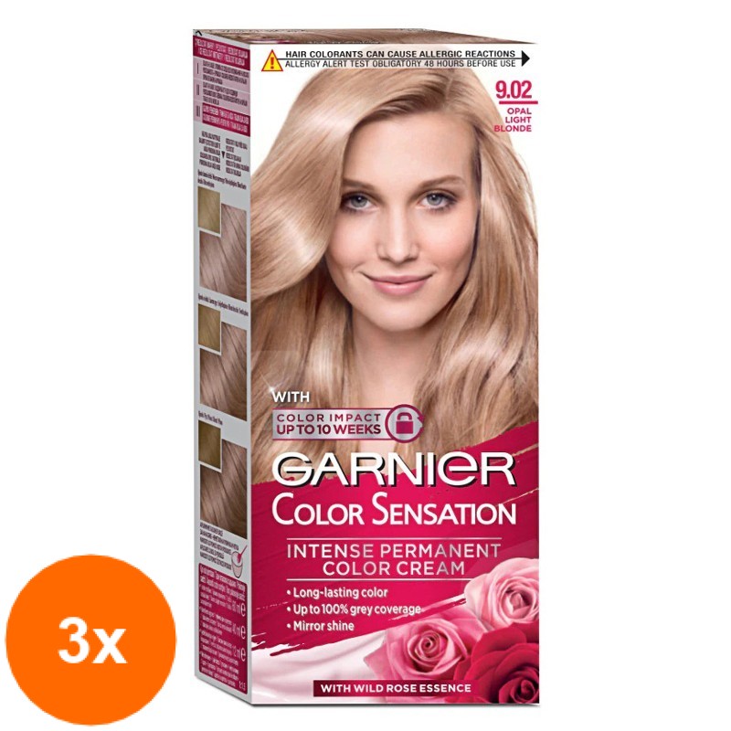 Set Vopsea de Par Permanenta cu Amoniac Garnier Color Sensation 9.02 Blond foarte Deschis Irizat, 3 Cutii x 112 ml