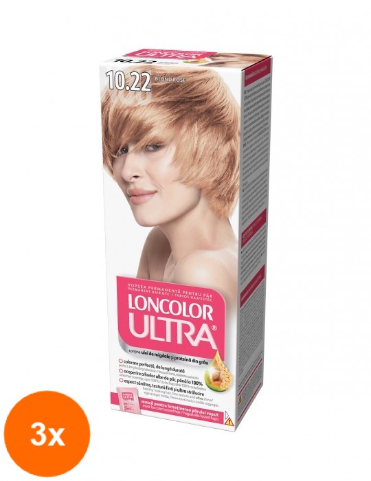 Set Vopsea de Par Permanenta cu Amoniac Loncolor Ultra 10.22 Blond Rose, 3 Cutii x 100 ml