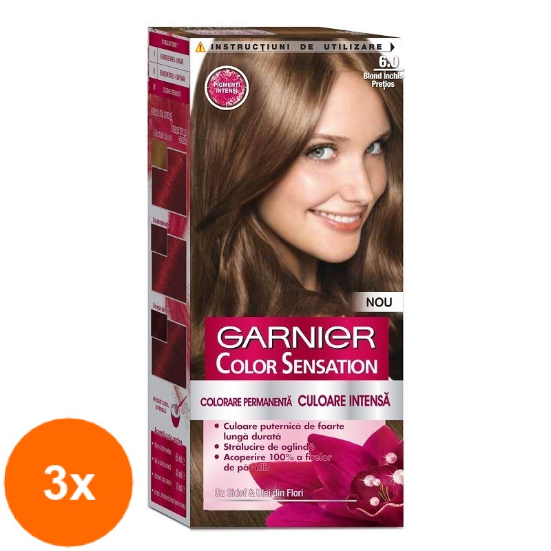 Set Vopsea de Par Permanenta cu Amoniac Garnier Color Sensation 6.0 Blond Inchis Pretios, 3 Cutii x 110 ml