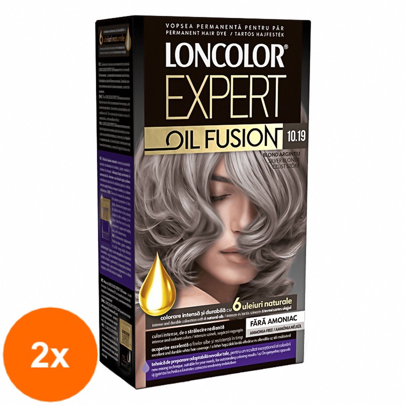 Set Vopsea de Par Permanenta fara Amoniac Loncolor Expert Oil Fusion 10.19 Blond Argintiu, 2 Cutii x 100 ml
