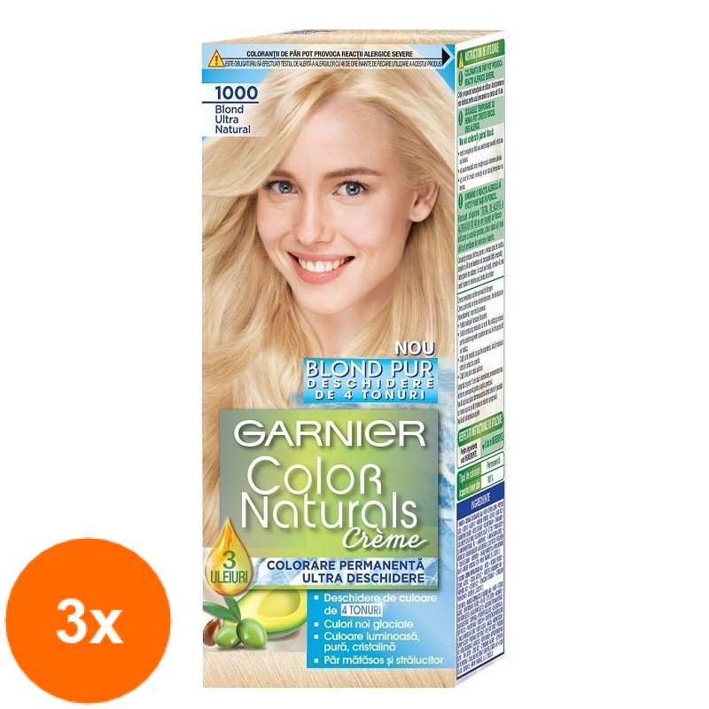 Set Vopsea de Par Permanenta cu Amoniac Garnier Color Naturals 1000 Blond Ultra Natural, 3 Cutii x 110 ml
