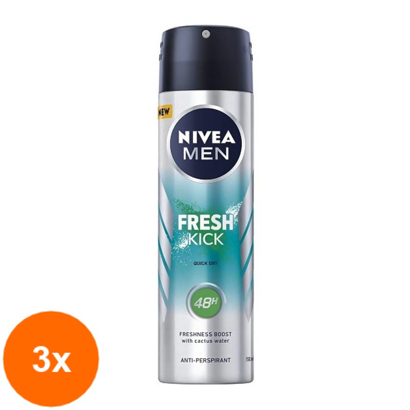 Set 3 x Deodorant Antiperspirant 48h Nivea Men Fresh Kick, 150 ml