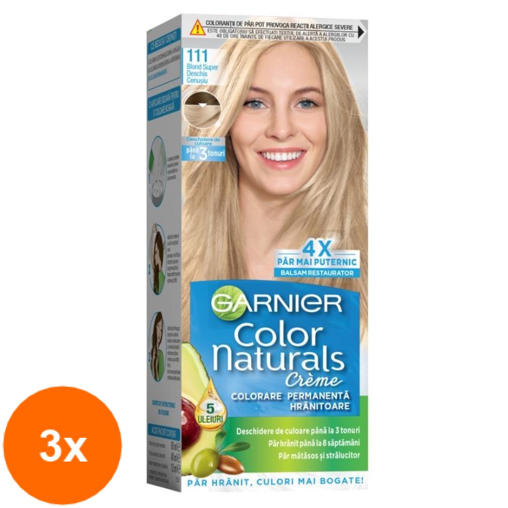 Set Vopsea de Par Permanenta cu Amoniac Garnier Color Naturals 111 Blond Super Deschis Cenusiu, 3 Cutii x 110 ml