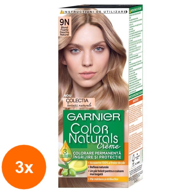Set Vopsea de Par Permanenta cu Amoniac Garnier Color Naturals 9N Blond foarte Deschis Natural, 3 Cutii x 110 ml