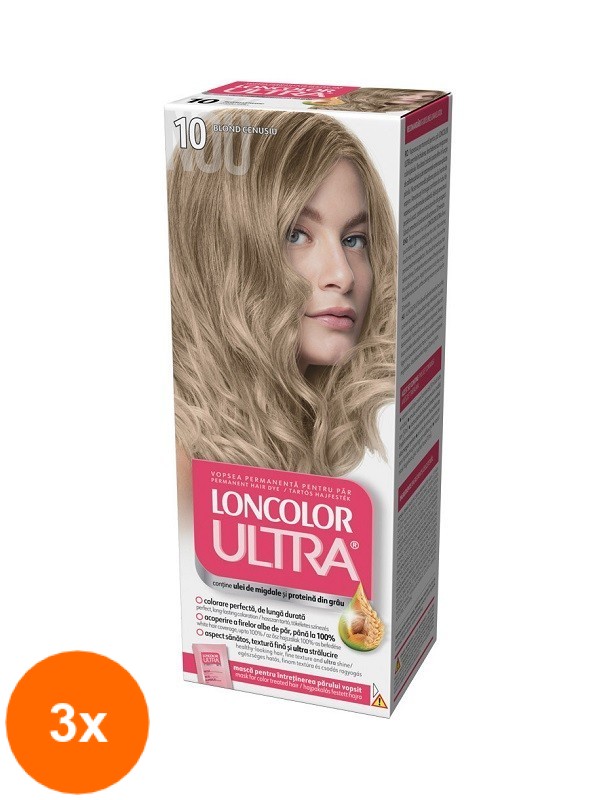 Set Vopsea de Par Permanenta Loncolor Ultra 10 Blond Cenusiu, 3 Bucati x 100 ml
