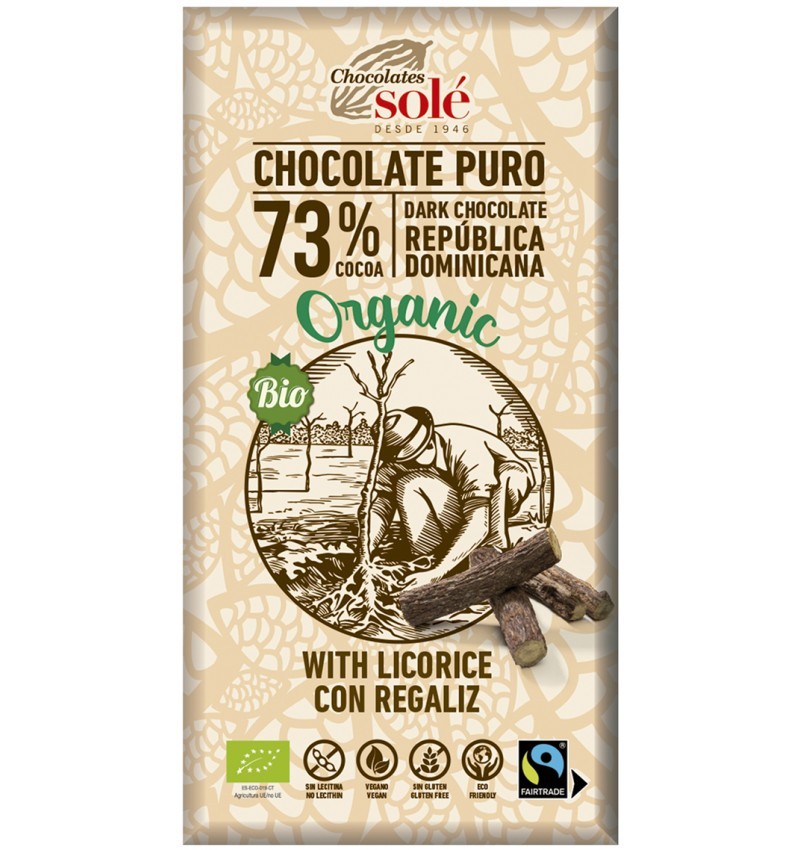 Ciocolata Neagra BIO cu Lemn Dulce 73% Cacao, 100 g, Chocolates Sole