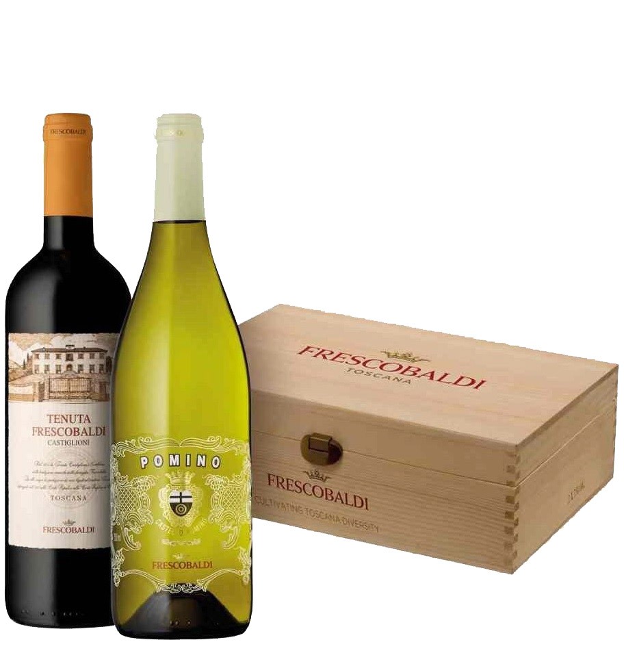 Pachet Vin Alb Pomino, Italia Frescobaldi DOC, 12,5%, 0.75 l si Vin Rosu Castiglioni Toscana IGT, 13%, 0.75 l, 2 x Sticle in Cut