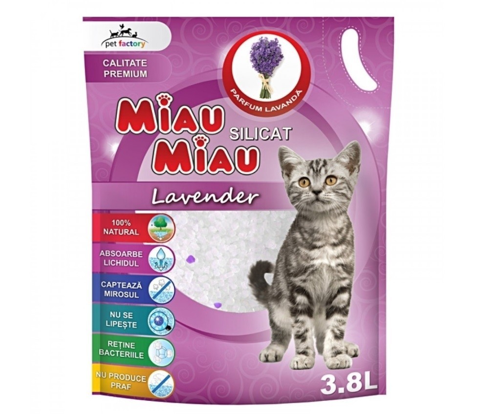 Asternut Igienic pentru Pisici Miau-Miau, Silicat Lavanda, 3.8 l