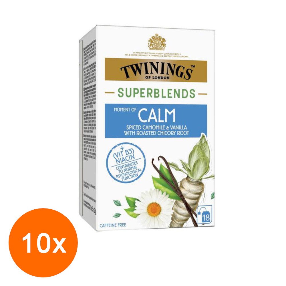 Set Ceai Twinings Superblends Moment of Calm cu Vanilie si Musetel, 10 Pachete x 18 Pliculete