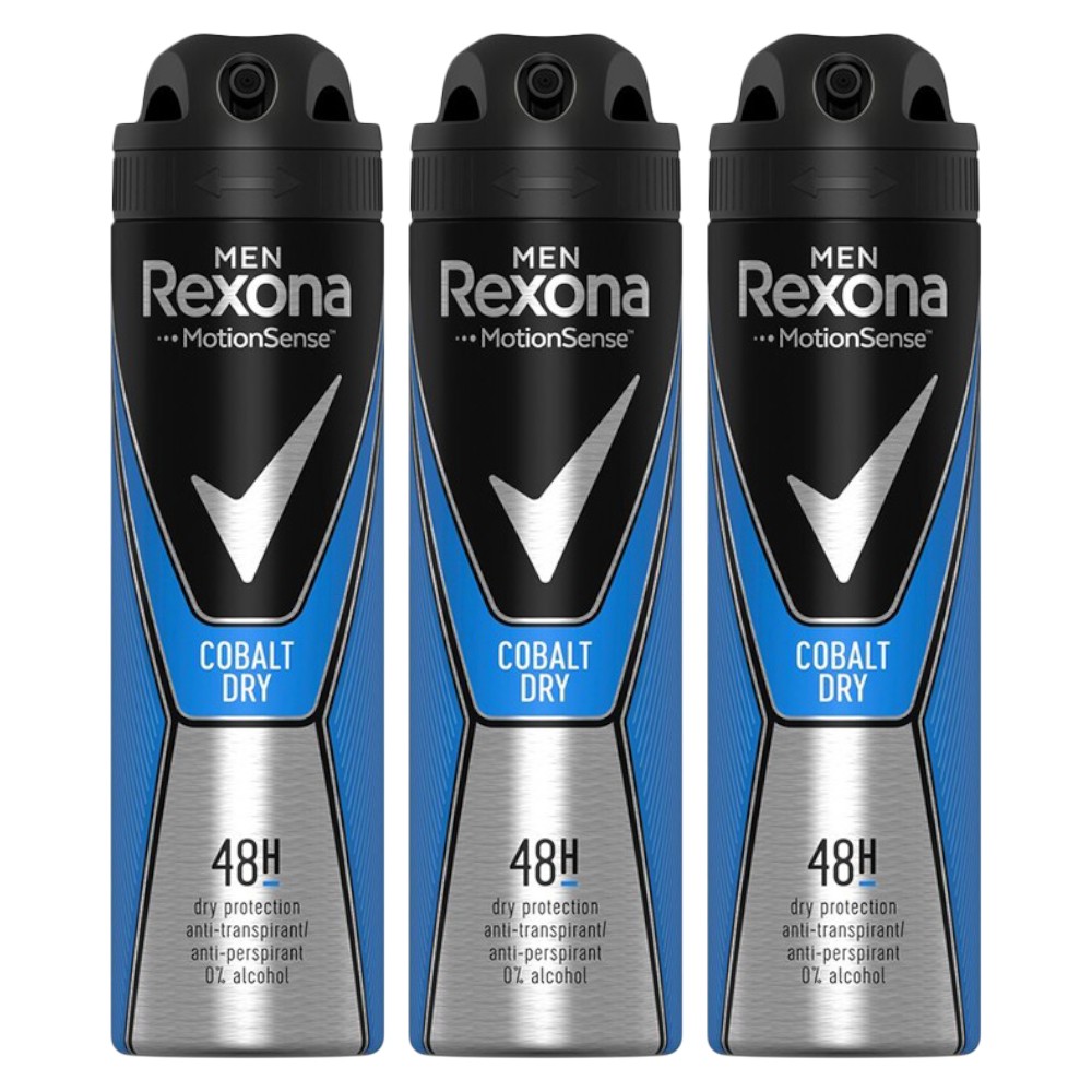 Set Deodorant Antiperspirant Spray Rexona Men Cobalt Dry, pentru Barbati, 3 Bucati x 150 ml