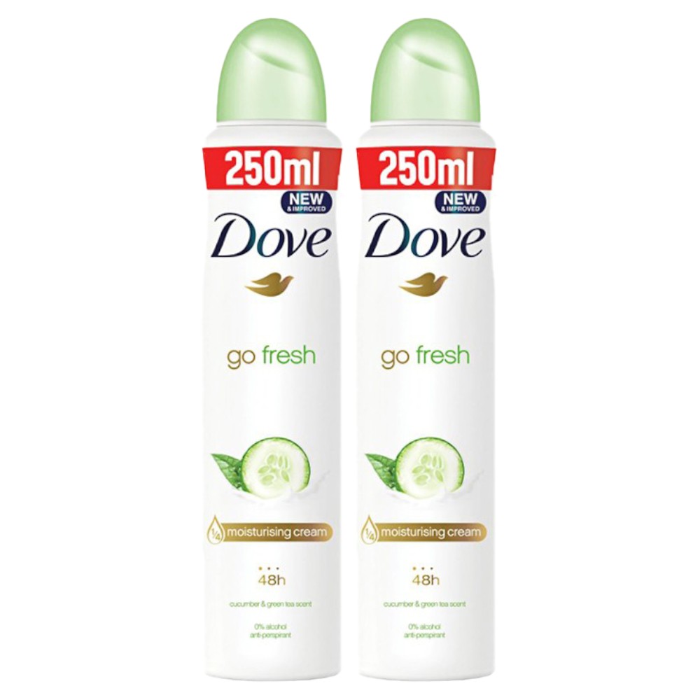 Set Deodorant Antiperspirant Spray Dove Go Fresh, Cucumber & Green Tea, pentru Femei, 2 Bucati x 250 ml