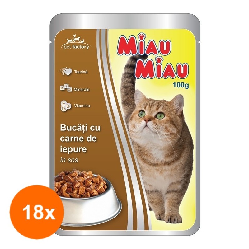 Set Hrana Umeda Pisici Miau Miau cu Iepure in Sos, 18 Plicuri x 100 g