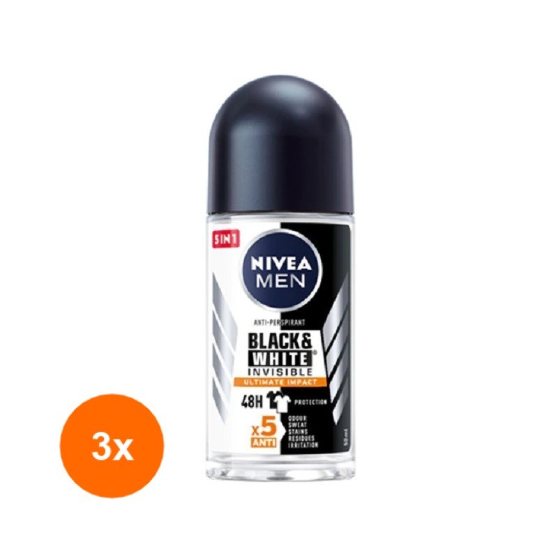 Set 3 x Deodorant Roll-On Men Invisible Black & White Ultimate Impact Nivea Deo, 50 ml