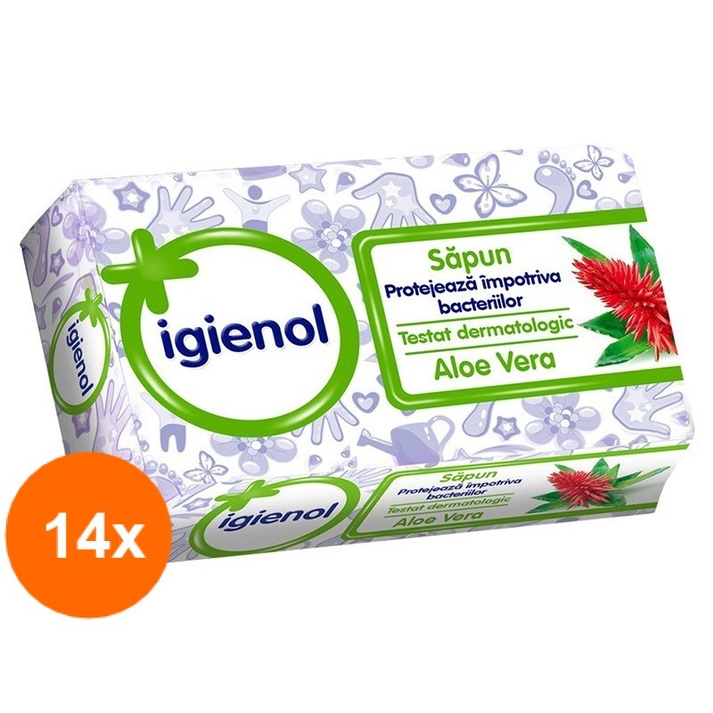 Set Sapun Antibacterian, Igienol, Aloe Vera, 14 Bucati x 90 g