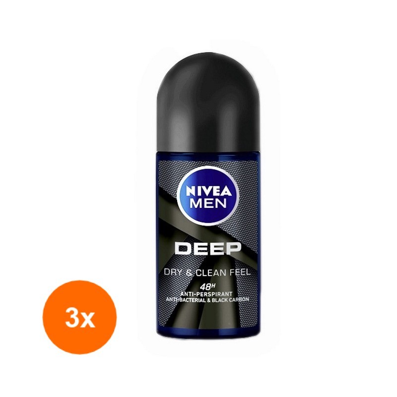 Set 3 x Deodorant Roll-On Men Deep Black Nivea Deo, 50 ml