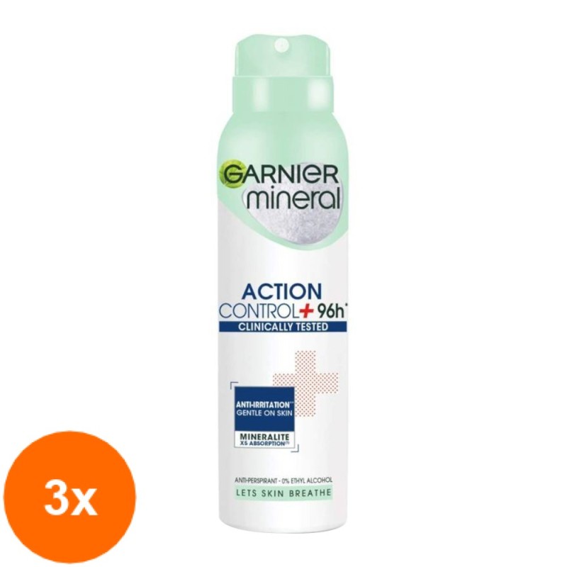 Set Deodorant Spray Garnier Mineral Action Cotrol+ 96h Testat Clinic, 3 Bucati x 150 ml