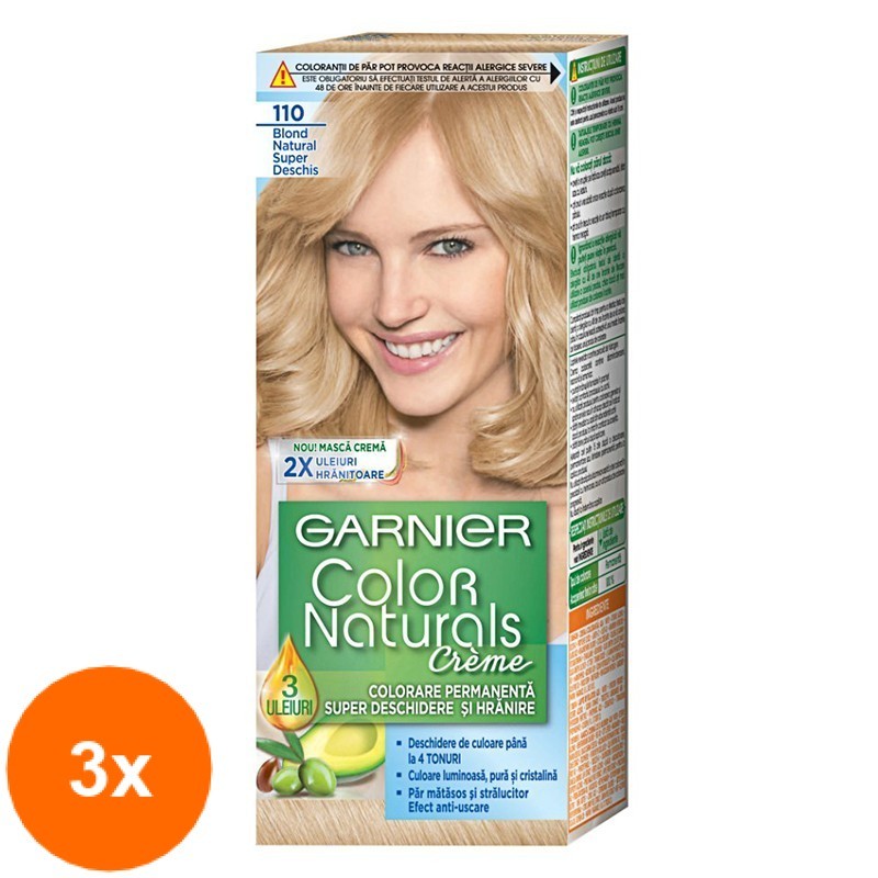 Set 3 x Vopsea de Par Permanenta cu Amoniac Garnier Color Naturals 110 Blond Natural Super Deschis, 110 ml
