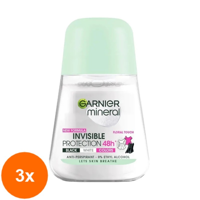 Set 3 x Deodorant Roll-on Garnier Mineral Invisible Black White Colors Floral, 50 ml
