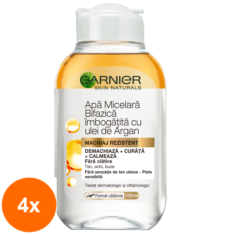 Set 4 x Apa Micelara Bifazica Garnier Skin Naturals cu Ulei de Argan, 100 ml