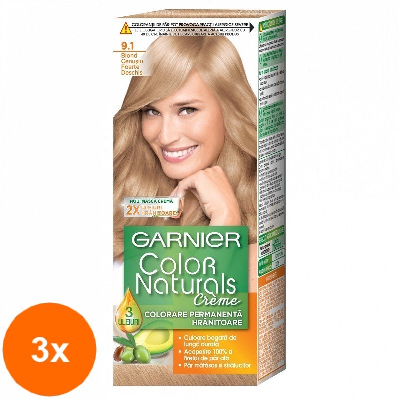 Set 3 x Vopsea de Par Permanenta cu Amoniac Garnier Color Naturals 9.1 Blond Cenusiu foarte Deschis, 110 ml