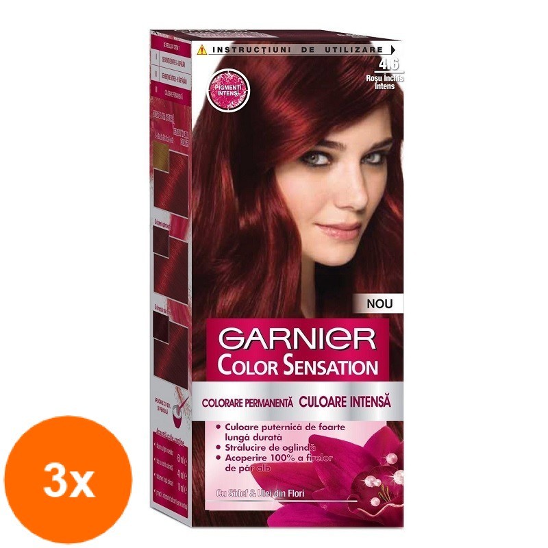 Set 3 x Vopsea de Par Permanenta cu Amoniac Garnier Color Sensation 4.6 Rosu Inchis Intens, 110 ml