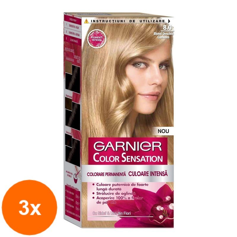 Set 3 x Vopsea de Par Permanenta cu Amoniac Garnier Color Sensation 8.0 Blond Deschis Luminos, 110 ml