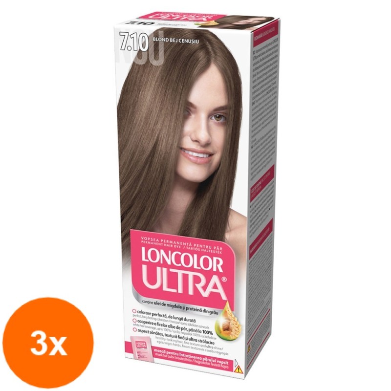 Set 3 x Vopsea de Par Permanenta cu Amoniac Loncolor Ultra 7.10 Blond Bej Cenusiu, 100 ml