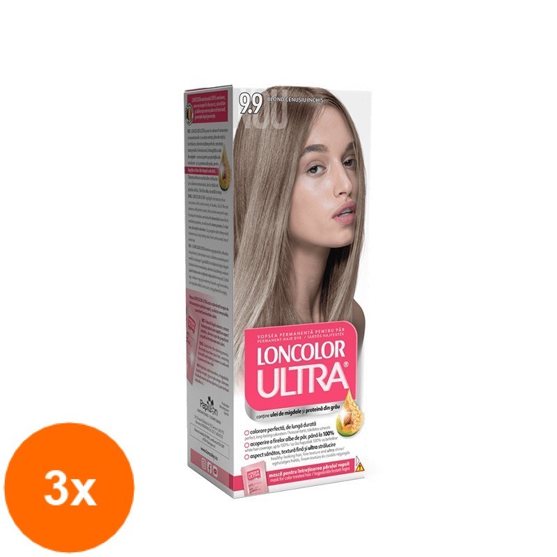 Set 3 x Vopsea de Par Permanenta cu Amoniac Loncolor Ultra 9.9 Blond Cenusiu Inchis, 100 ml