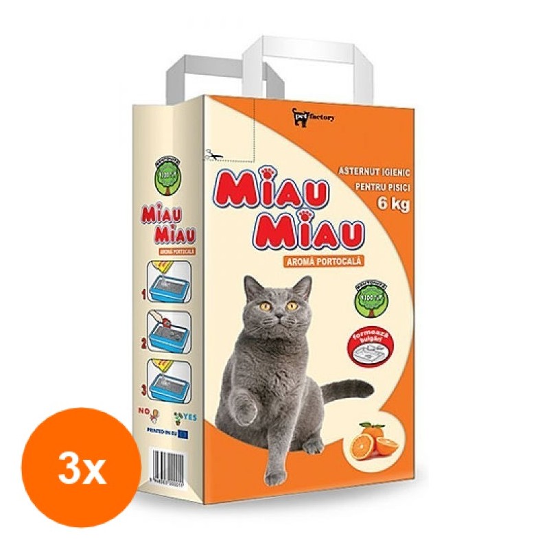 Set Asternut Igienic pentru Pisici Miau-Miau, Portocala, Bentonita 3 Bucati x 6Kg