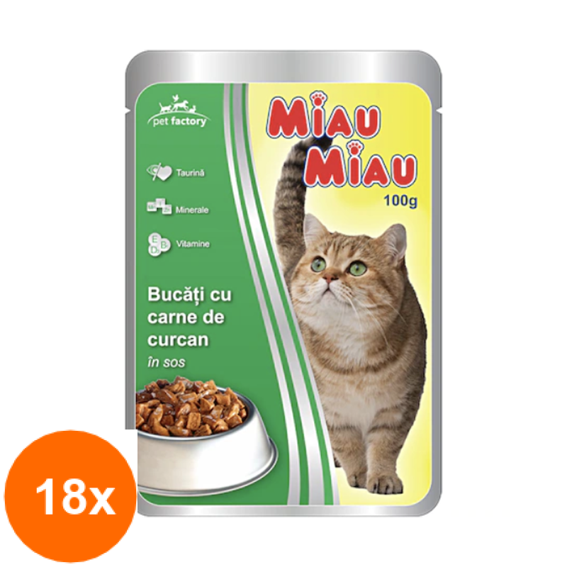 Set Hrana Umeda pentru Pisici Miau-Miau, Curcan in Sos, 18 Plicuri x 100 g