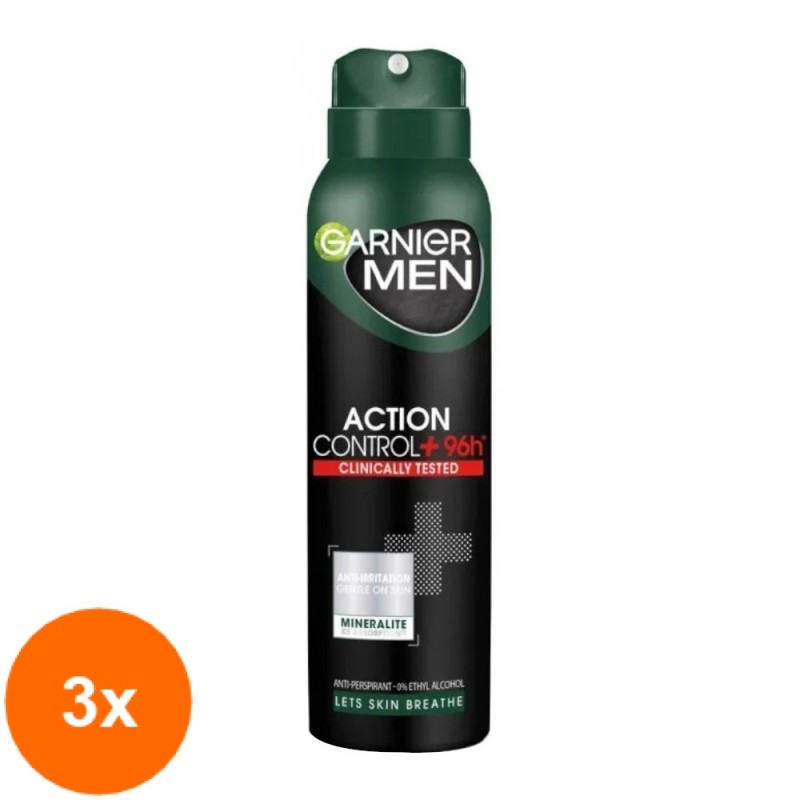 Set Deodorant Spray Garnier Men Action Control+ 96h Testat Clinic, pentru Barbati, 3 Bucati x 150 ml