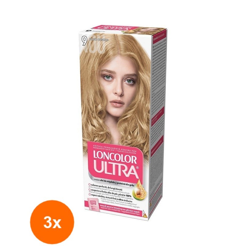 Set 3 x Vopsea de Par Permanenta cu Amoniac Loncolor Ultra 9 Blond Deschis, 100 ml
