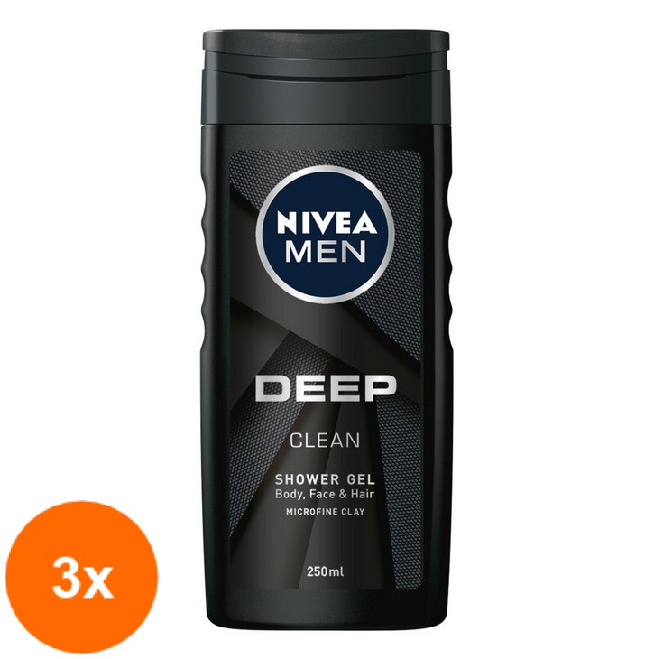 Set 3 x Gel de Dus Nivea Men Deep Black, cu Argila Microfina, 250 ml
