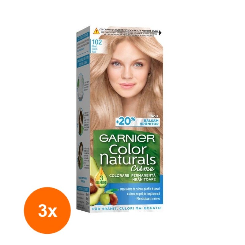 Set 3 x Vopsea de Par Permanenta cu Amoniac Garnier Color Naturals 102 Blond Glacial Irizat, 110 ml