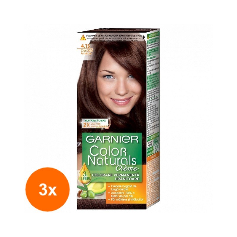 Set 3 x Vopsea de Par Permanenta cu Amoniac Garnier Color Naturals 4.15 Ciocolata Amaruie, 110 ml