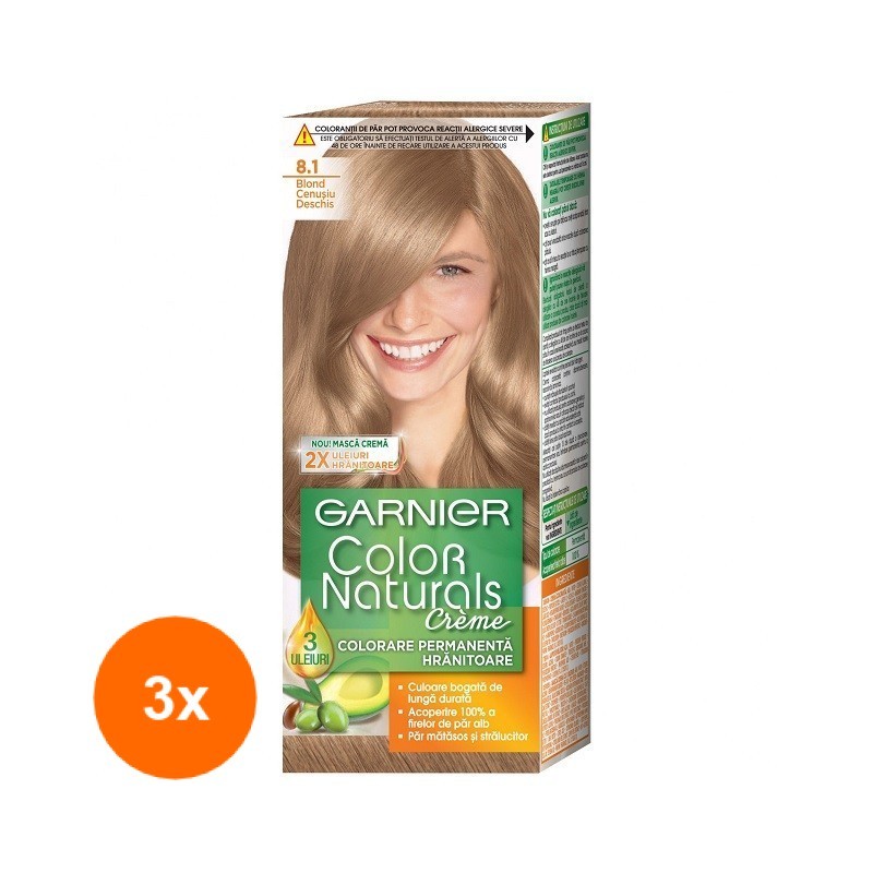 Set 3 x Vopsea de Par Permanenta cu Amoniac Garnier Color Naturals 8.1 Blond Cenusiu Deschis, 110 ml