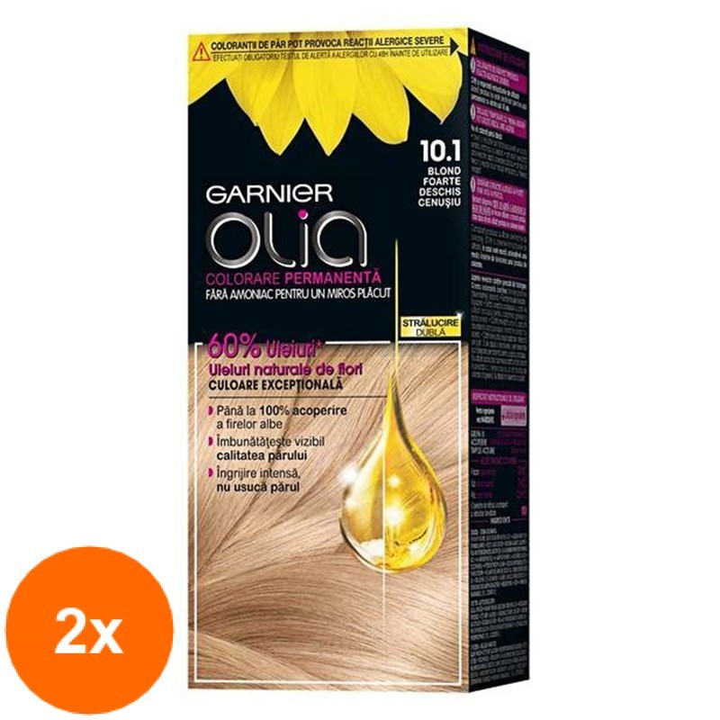 Set 2 x Vopsea de Par Permanenta fara Amoniac Garnier Olia 10.1 Blond foarte Deschis Cenusiu, 112 ml