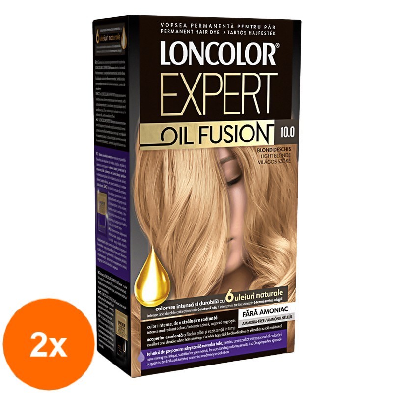 Set 2 x Vopsea de Par Permanenta fara Amoniac Loncolor Expert Oil Fusion 10.0 Blond Deschis, 100 ml
