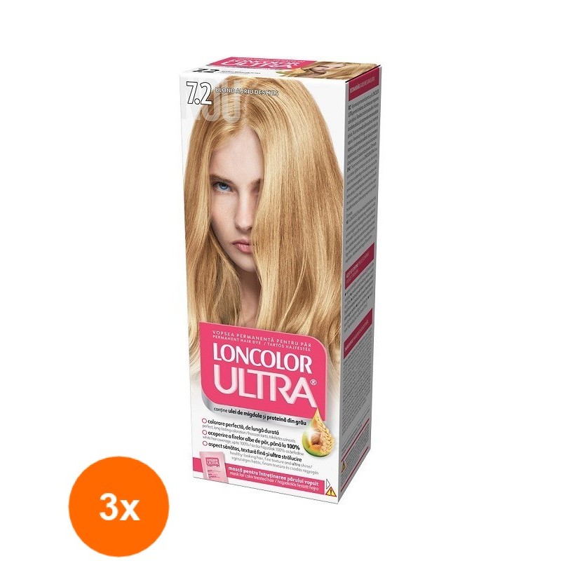 Set Vopsea de Par Permanenta cu Amoniac Loncolor Ultra 7.2 Blond Auriu Deschis, 3 Cutii x 100 ml
