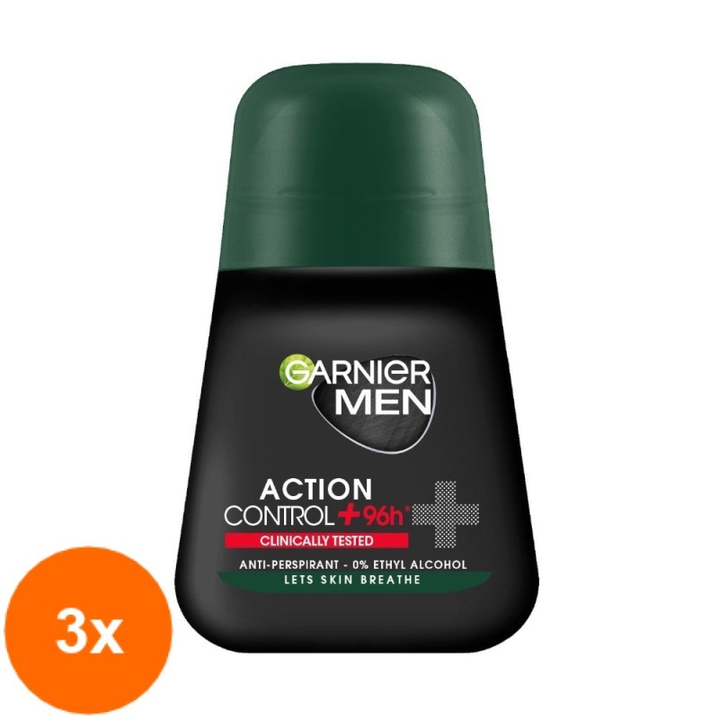 Set 3 x Deodorant Roll-on Garnier Men Action Control+ 96h Testat Clinic, pentru Barbati, 50 ml