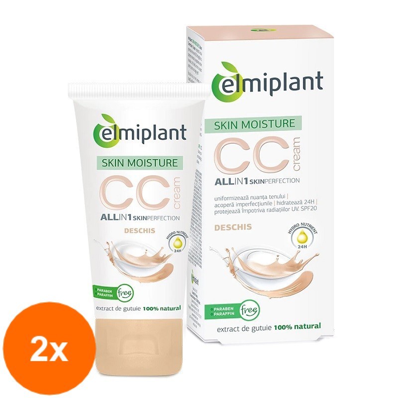 Set Crema Coloranta pentru Ten Elmiplant Skin Moisture 25+ CC Cream Deschis, 2 Bucati x 50 ml