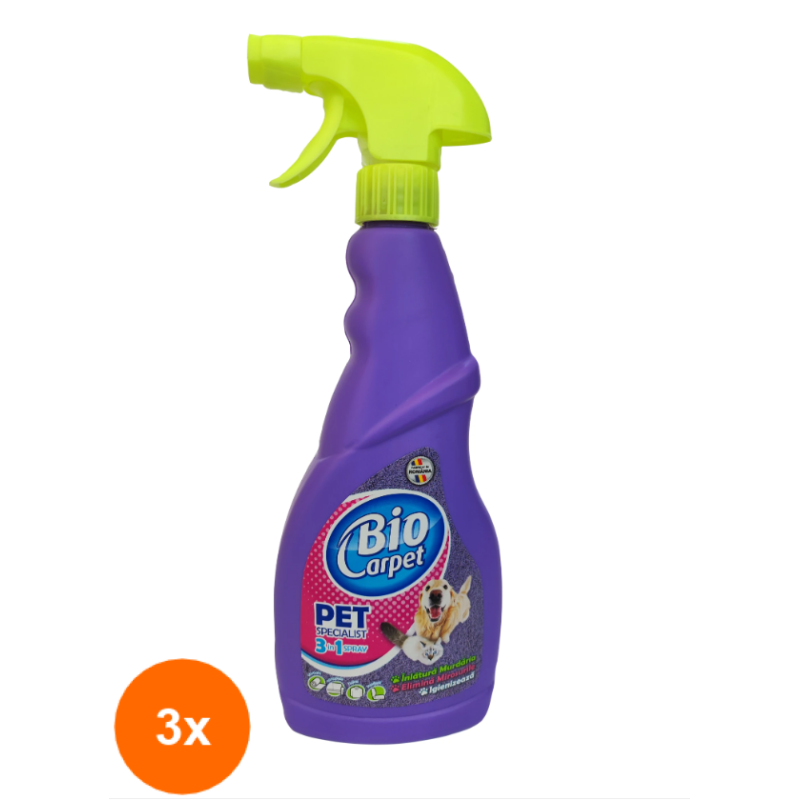 Set Detergent cu Pulverizator pentru Covoare si Tapiterii Biocarpet Pet Specialist, 3 Bucati x 500 ml